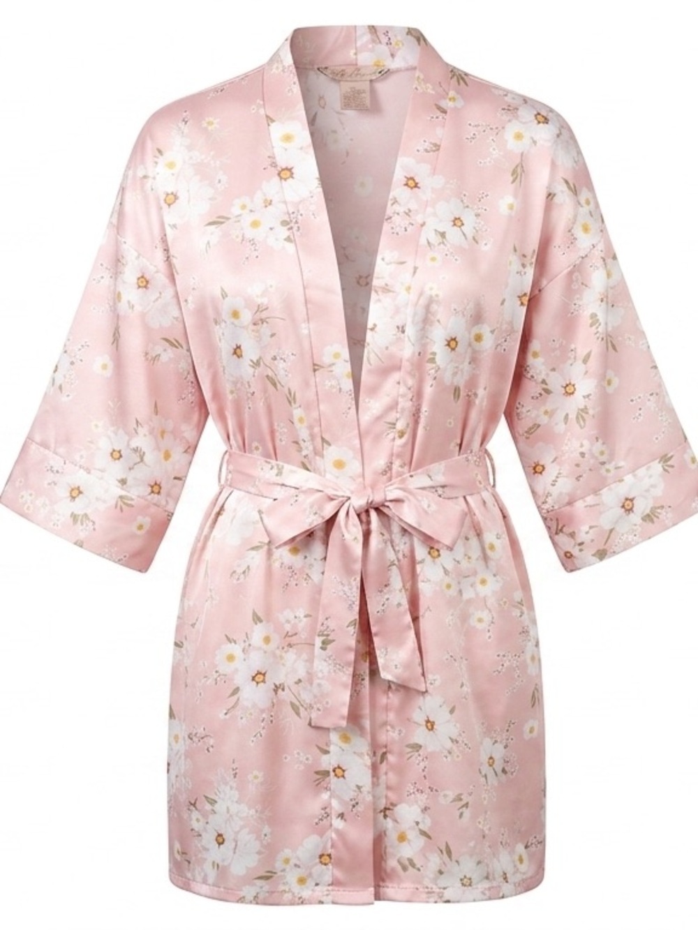 Soho Apparel Pink Satin Floral Kimono Robe with Tie Waist